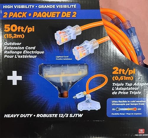 12/3 SJTW Heavy Duty Lighted Outdoor Extension Cord Combo 3 Pack. Two 50 Foot (15.2 m) and one 2 Foot (.61 m) Triple Tap Adapter. High Visibility, Flexible to -40, 125V 15A 1875W