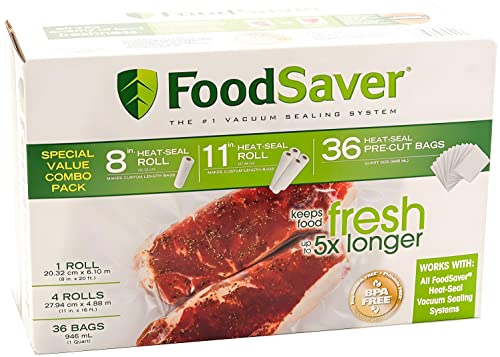 FoodSaver B005SIQKR6 Special Value Vacuum Seal Combo Pack 1-8" 4-11" Rolls 36 Pre-Cut Bags, 1Pack, Clear