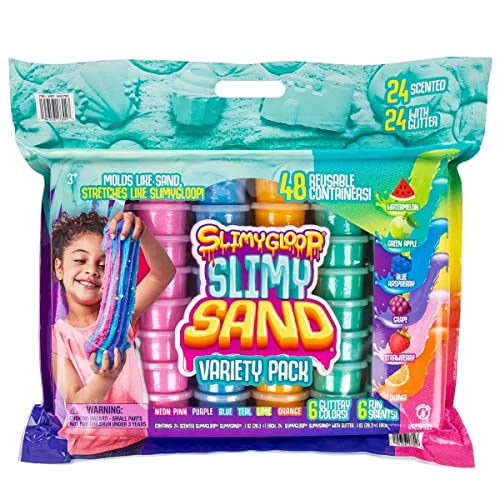 SLIMYGLOOP I Slimy Sand Variety Pack I 48 Reusable Containers I 24 Scented, 24 with Glitter I Molds Like Sand I Stretches Like SlimyGloop