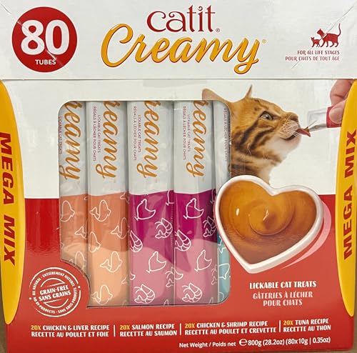 Catit Creamy Lickable Cat Treat, Healthy Cat Treat, 4 Flavours, 80 Tubes, 800g (80 X 10g)