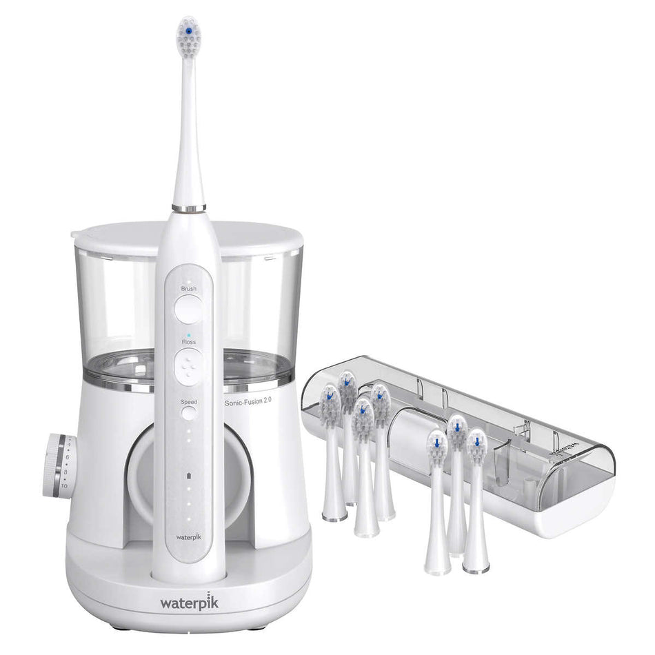 WaterPik Sonic-Fusion 2.0 Brush + Floss Electric Toothbrush with 1 base + 1 handle + 8 brush heads & covers + 1 travel case (White)