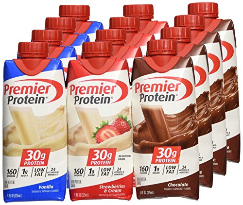 Lot of 12 Premier Protein 30g High Protein Shakes 11 Oz. Variety Pack Contains Chocolate, Vanilla and Strawberry