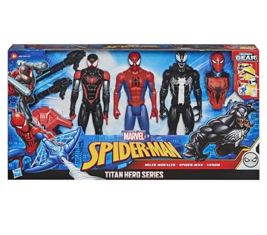 Marvel Spideman Titan Hero Series 3-Figure Pack - Features Miles Morales, Spiderman & Venom with Blast Gear, Ages 4 and Up