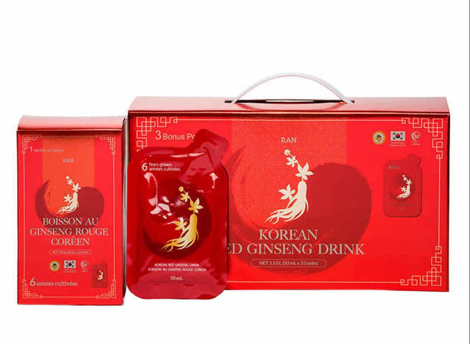 RAN Korean Red Ginseng Drink, 6 Years Grown Ginseng to Boost Energy, Focus, Circulation, and Immunity, 33 Pouches of 50 mL