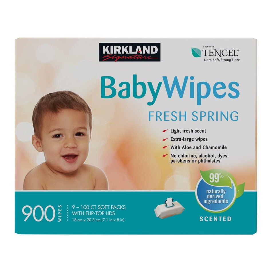 Kirkland Signature Baby Wipes Fresh Wipes Fresh Spring - 900 Pack - 9 canisters of 100