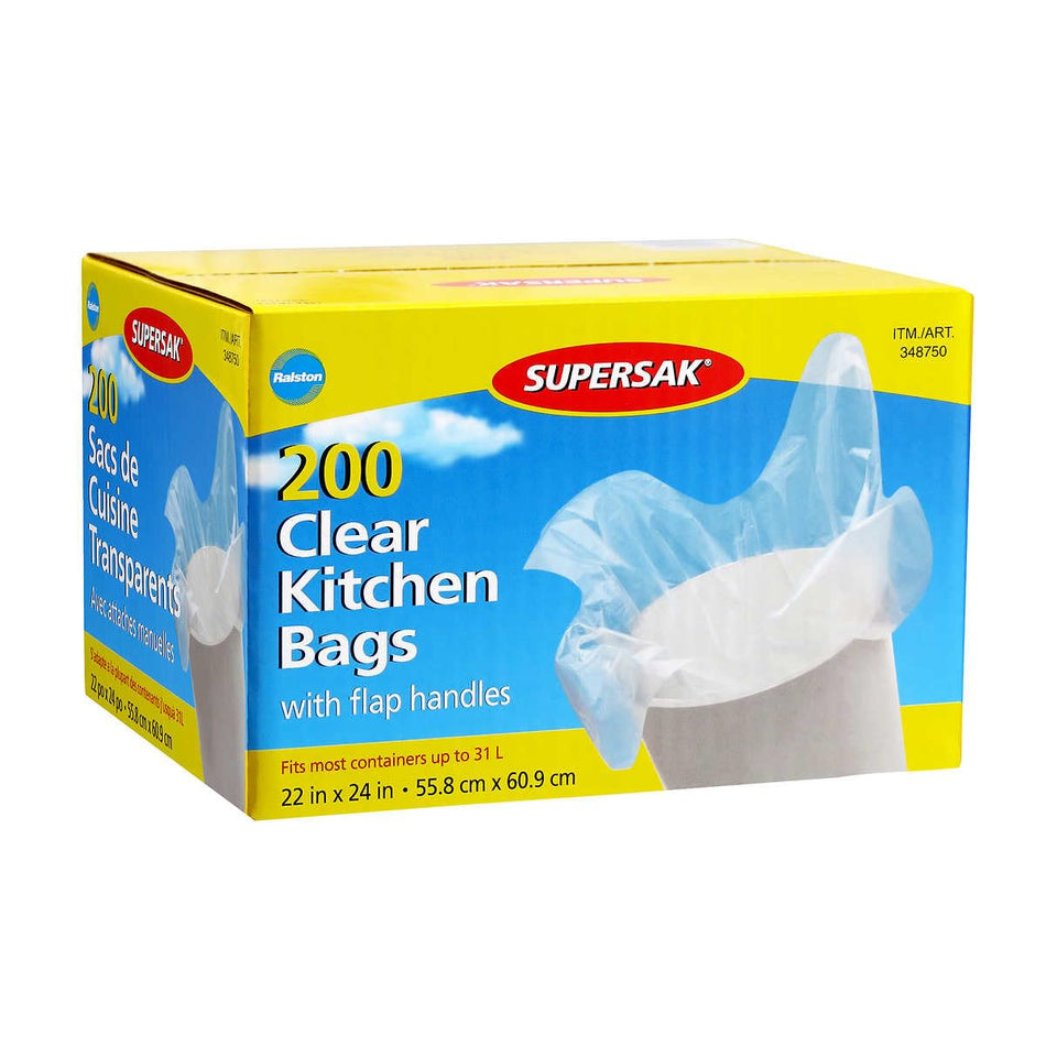 Supersak Clear Kitchen Bags with Flap Handles, Fits Most Containerts up to 31 Litres [22 in x 24 in] - 200 Count