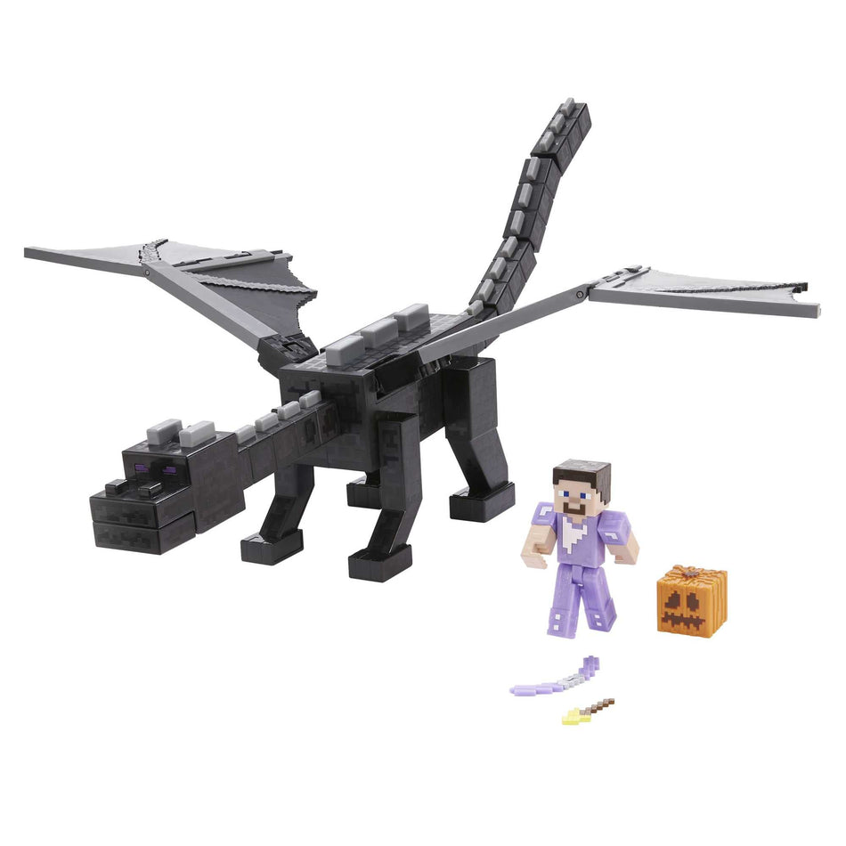 Minecraft Ultimate Ender Dragon Figure, 20-in Mist-Breathing Creature, Plus 3.25-in Color-Change Steve Figure, Weapon, Armor and Battle Accessory, Gift for 6 Years Old and Up