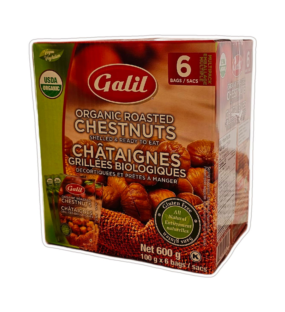 Galil Organic Roasted Chestnuts - Gluten Free, Shelled and Ready to Eat - 6 x 100g (600 grams)