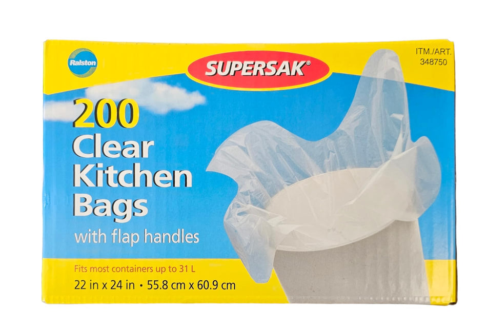 Supersak Clear Kitchen Bags with Flap Handles, Fits Most Containerts up to 31 Litres [22 in x 24 in] - 200 Count