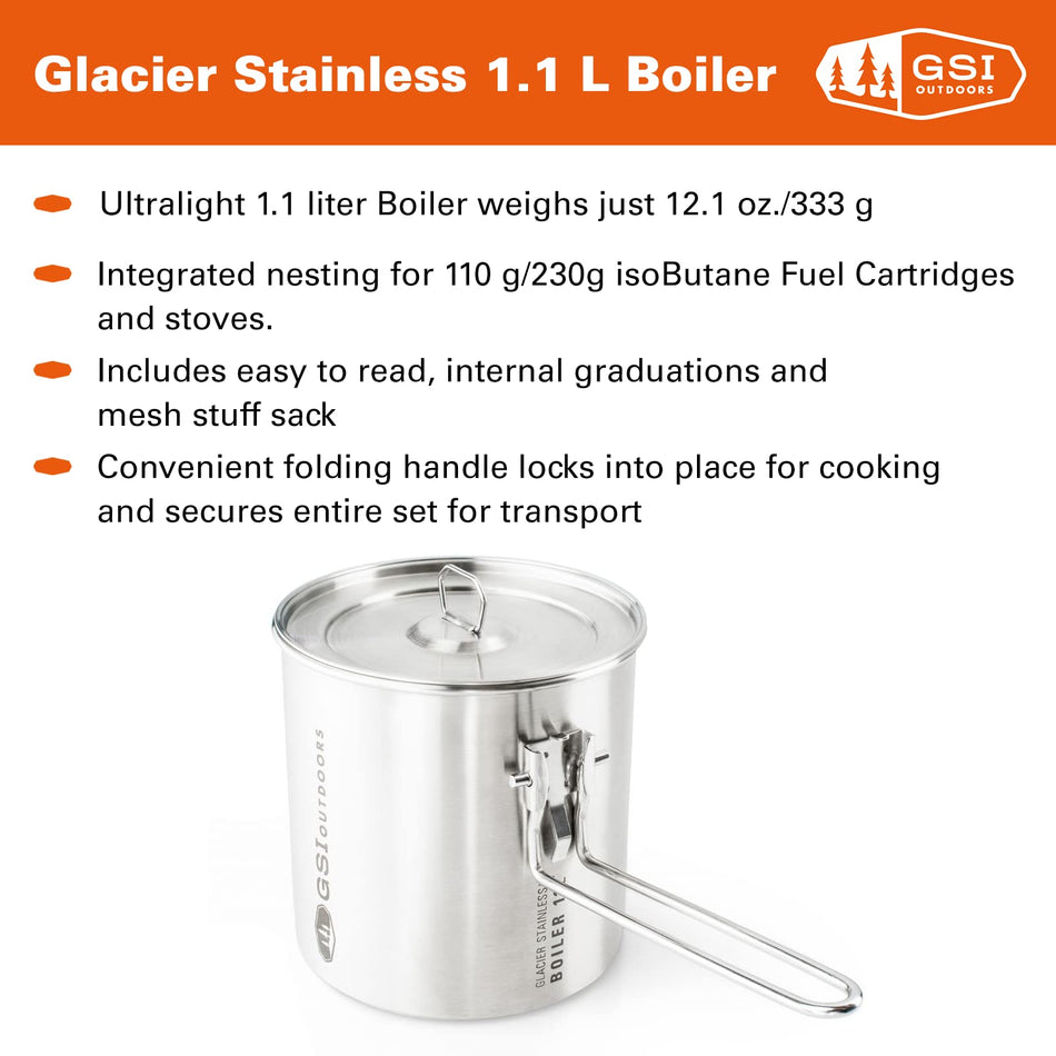 GSI Outdoors Glacier Stainless 1.1 L Boiler for Ultralight Backpacking and Camping