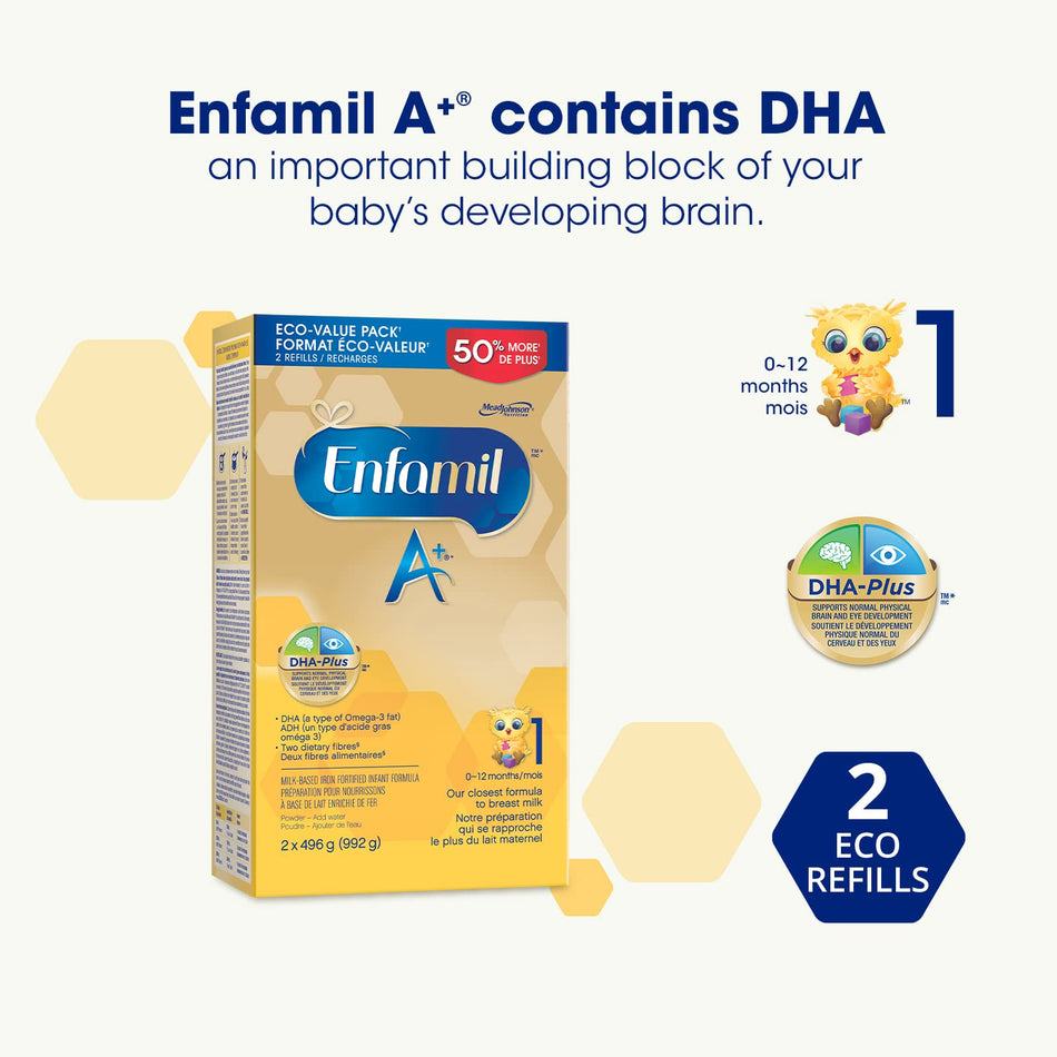 Enfamil A+, Baby Formula, Value Pack, Powder Refill, DHA (a type of Omega-3 fat) to help support brain development, Age 0-12 months, 992g, Pack of 4