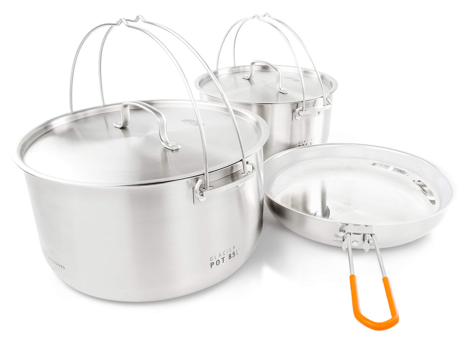 GSI Outdoors Glacier Stainless Troop Cookset, Compact Pan & Pot Camping Set, for Travel and Outdoors (8-10 People)