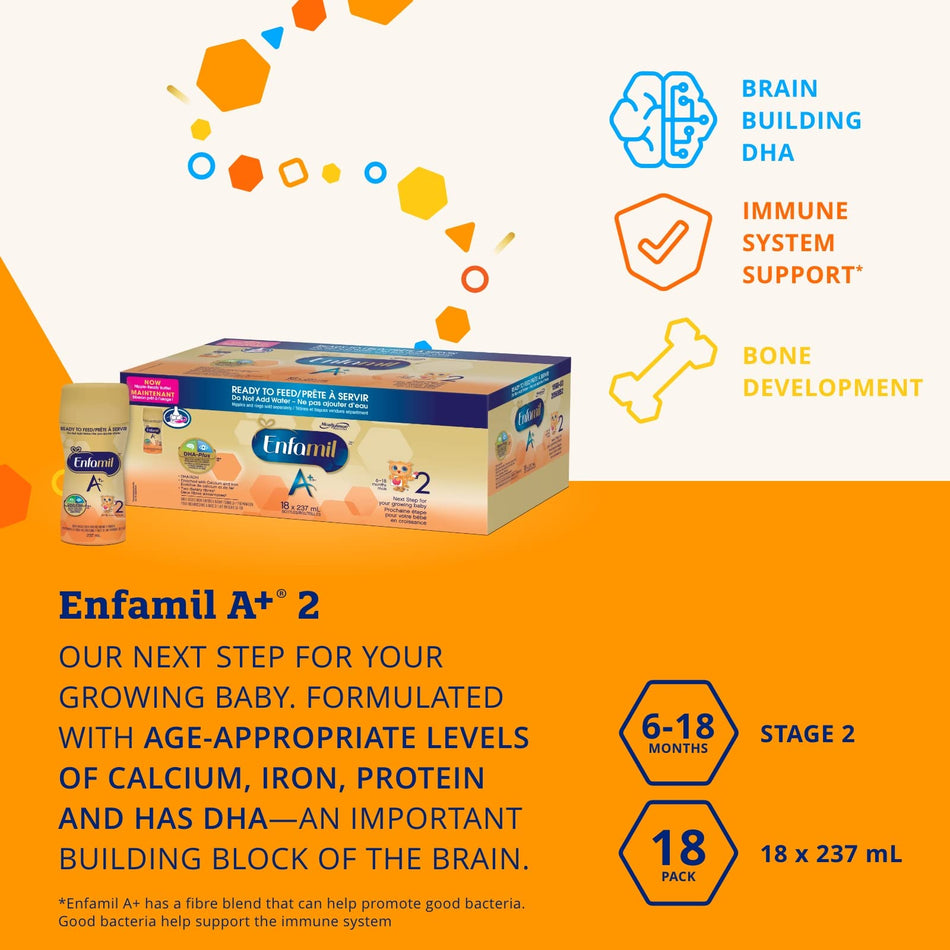 Enfamil Enfamil A+ 2 Baby Formula, ready to feed bottles, Nipple-Ready, 237 ml (Pack of 18)