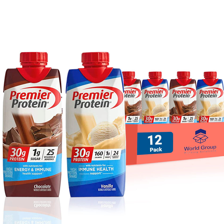 Premier Protein High Protein Shake, Chocolate, Vanilla Variety (11. Fl oz. 12pk) World Group Packing Solutions