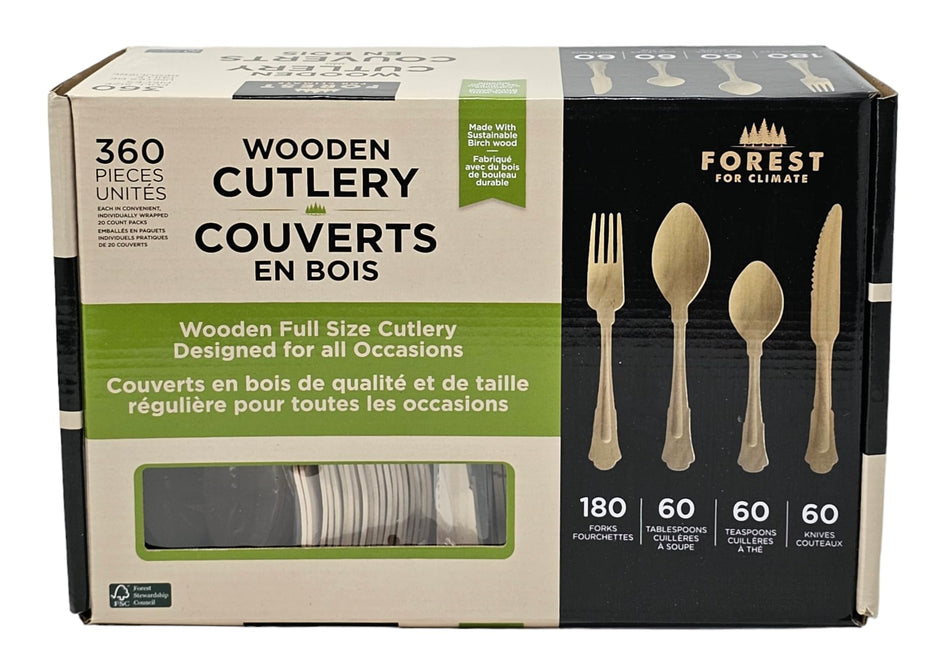 Forest for Climate Wooden Cutlery Set - 180 Forks, 60 Tablespoons, 60 Teaspoons & 60 Knives - 1 Set (360 Pieces)