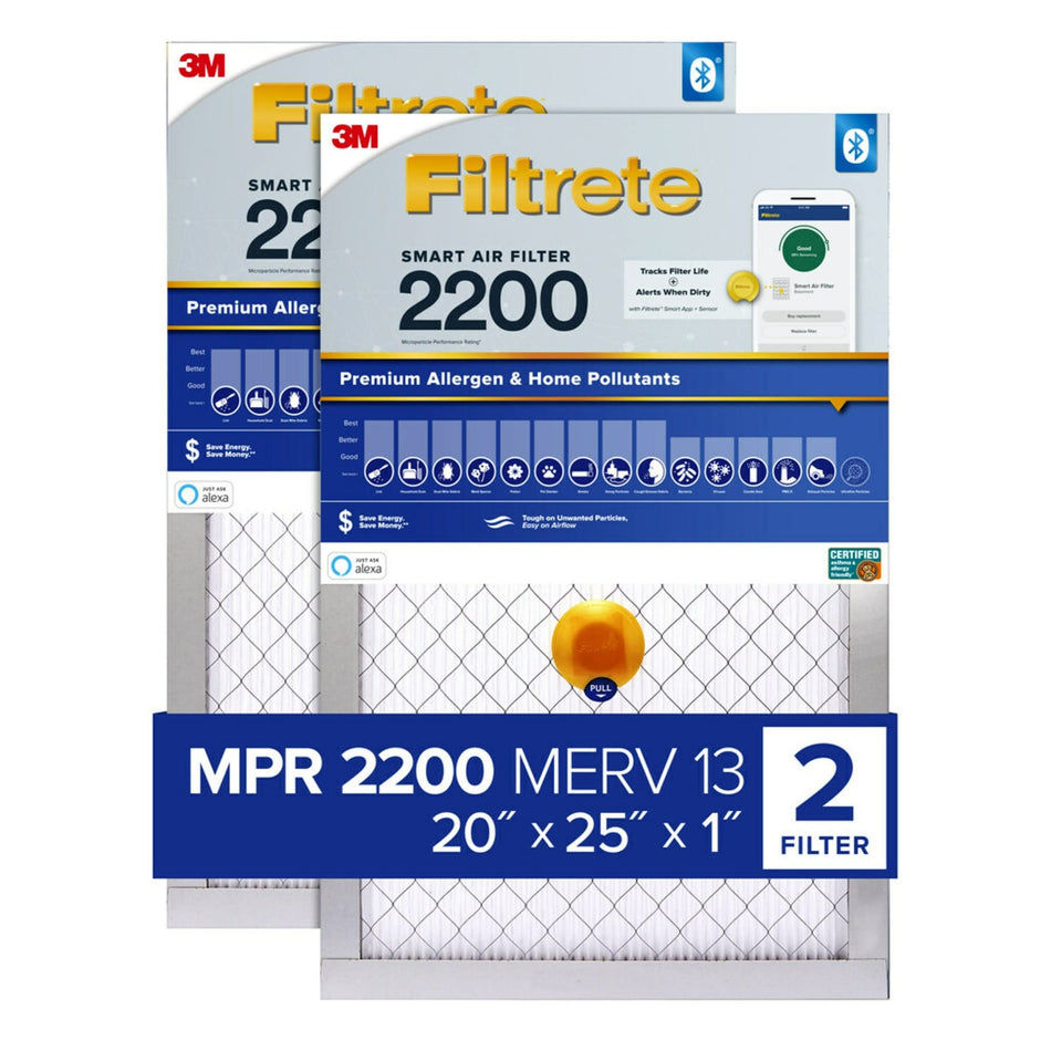 Filtrete 20x25x1 Smart Air Filter, MPR 2200 MERV 13, 1-Inch Premium Allergen & Home Pollutant Air Filters for AC and Furnace, 2 Filters