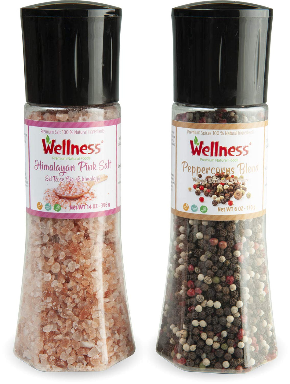 RedBay 2-Pack Salt and Pepper Grinder Set - Featuring Organic Black Peppercorns | 6oz - 170g | and Pink Himalayan Salt | 14oz - 396g