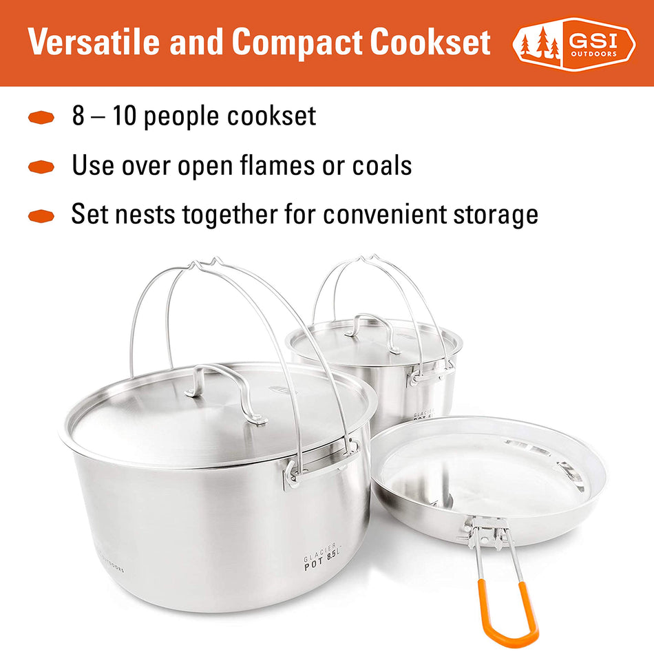 GSI Outdoors Glacier Stainless Troop Cookset, Compact Pan & Pot Camping Set, for Travel and Outdoors (8-10 People)