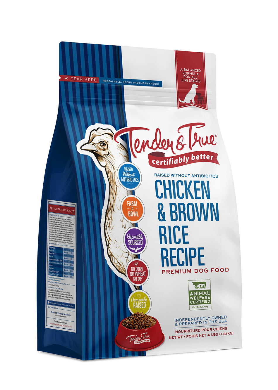 Tender & True 854019 antibiotic Free Chicken and Brown Rice 4 lb Dry Dog Food, One Size