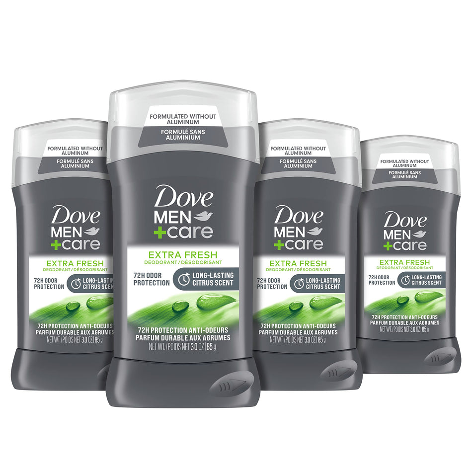 Dove Men+Care Deodorant Stick Aluminum free antiperspirant with 48-Hour Protection Extra Fresh Deodorant for men with Vitamin E and Triple Action Moisturizer 3 oz 4 Count, Packaging May Vary