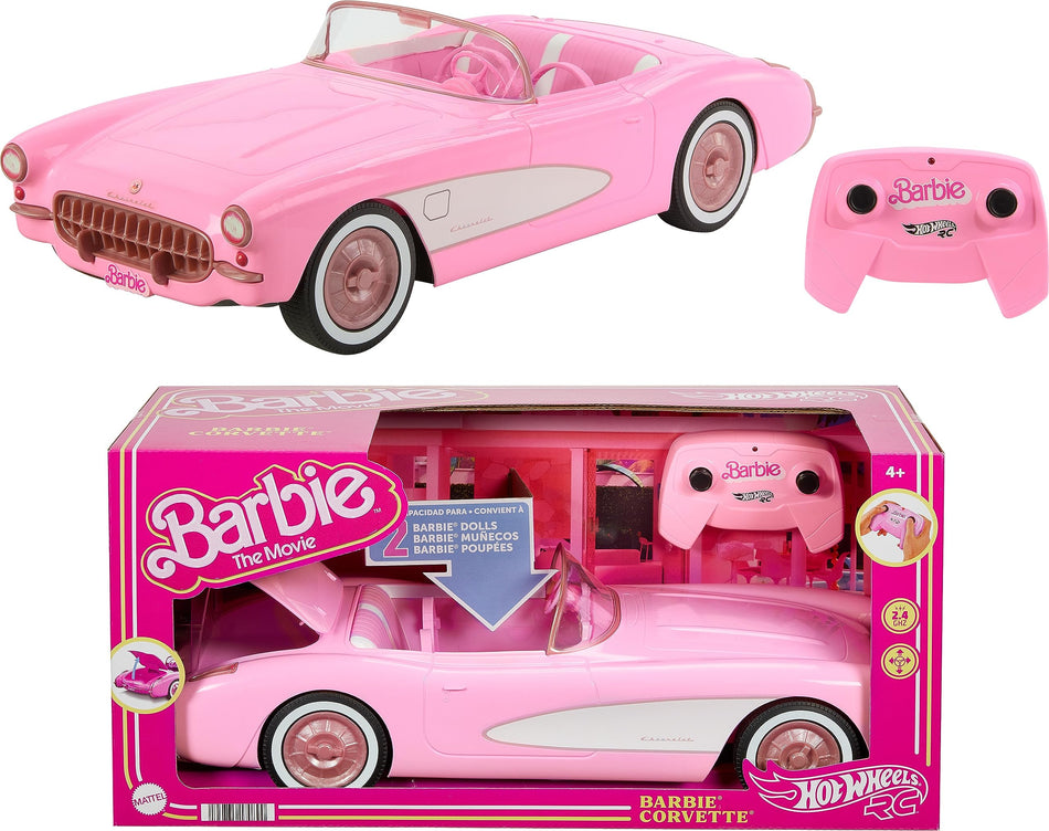 Hot Wheels RC Barbie Corvette, Battery-Operated Remote-Control Toy Car from Barbie the Movie, Holds 2 Barbie Dolls, Trunk Opens for Storage