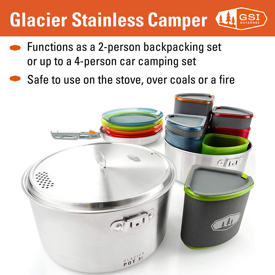 GSI Outdoors Glacier Stainless Camper 4 Person Packable Cookware & Dinnerware Set for Camping or Backpacking